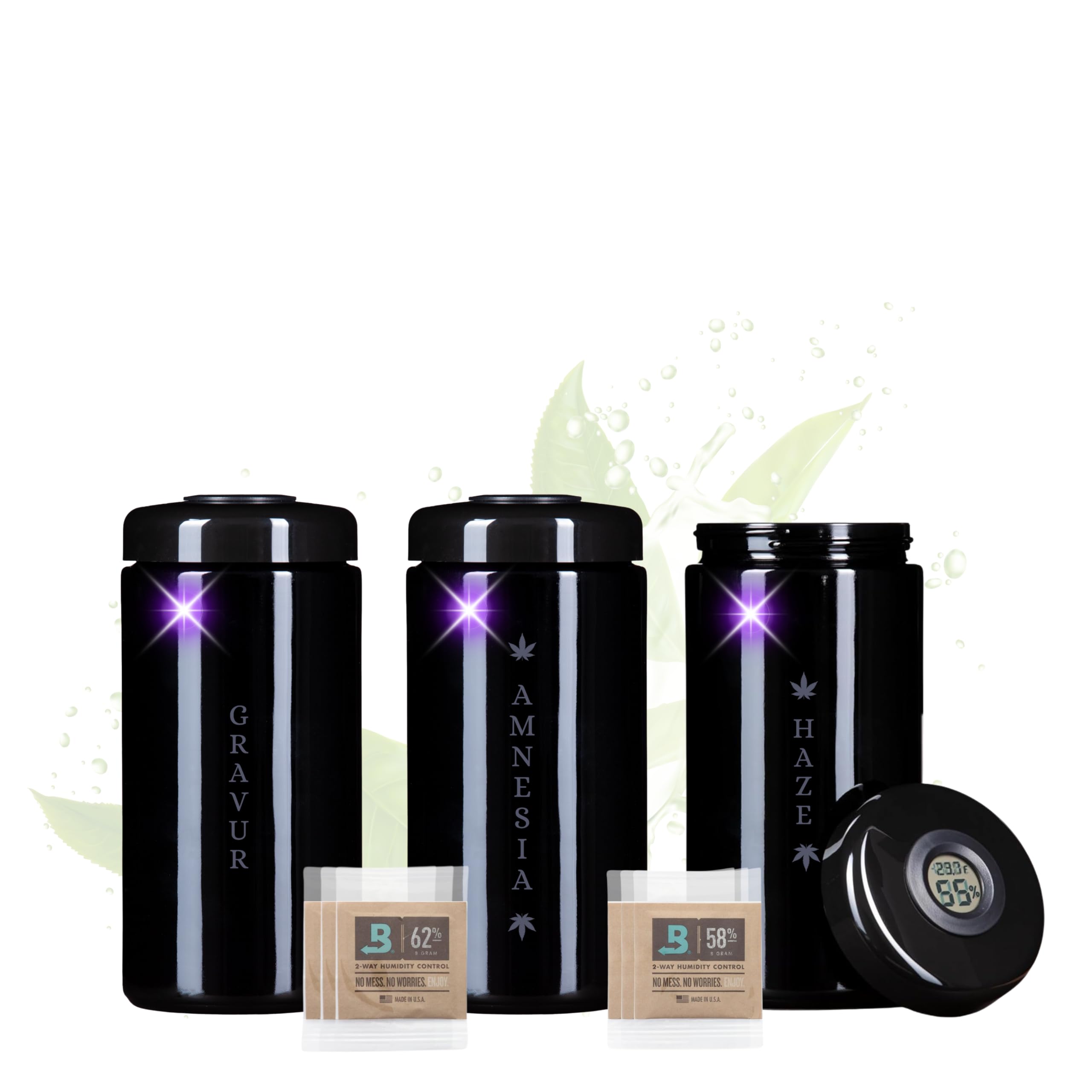 ANCEVIA edles Violettglas mit individueller GRAVUR Vorratsglas 500 ml – 3er Set Vorratsdose mit Hygrometer Deckel | Miron Glasbehälter mit Deckel zur langfristigen Lagerung und Geruchsveredelung