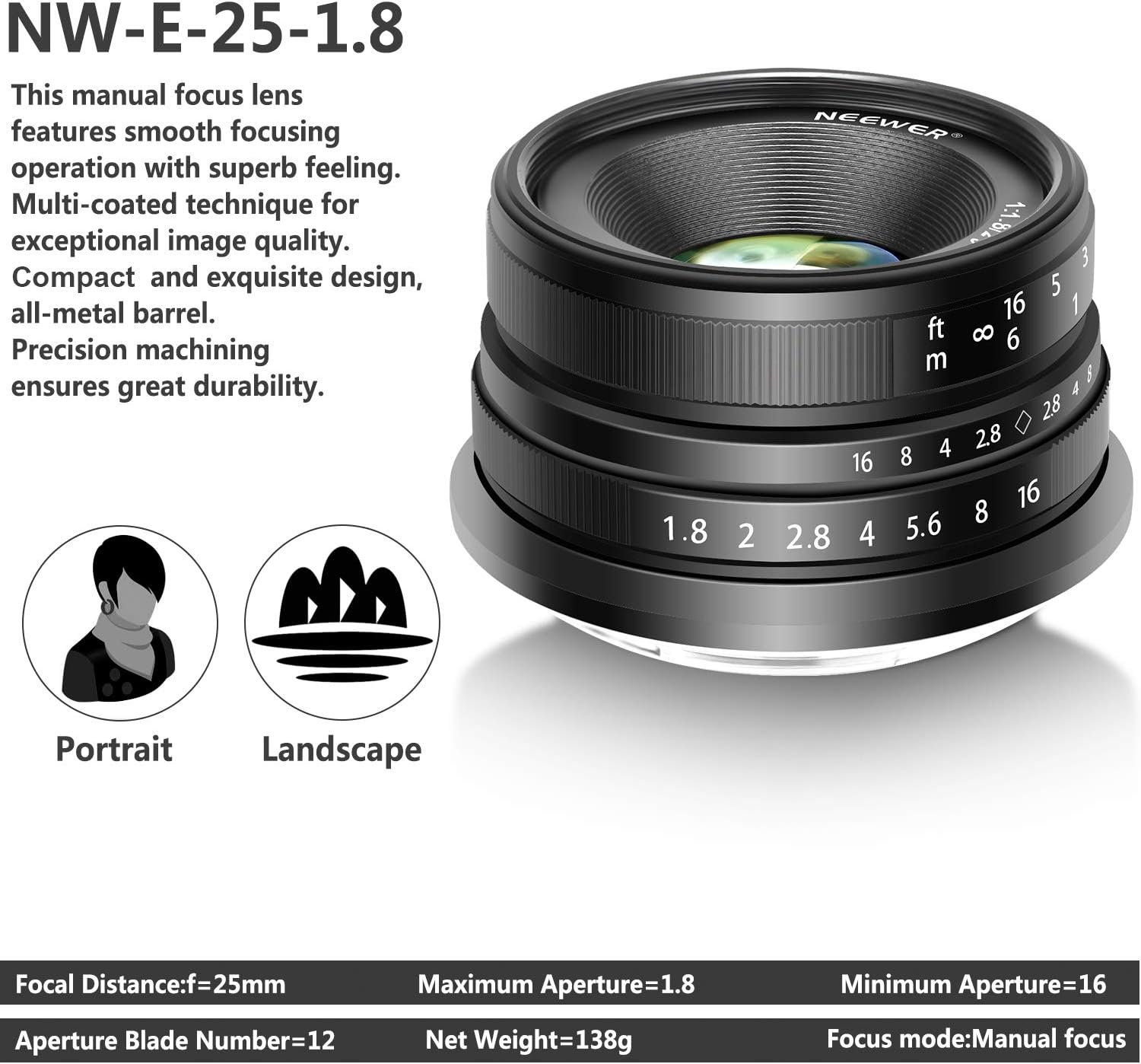 Neewer 25mm F1.8 APS-C Large Aperture Wide Angle Lens Manual Focus Lens for Sony E Mount Mirrorless Cameras A7III A9 NEX 3 3N 5 NEX 5T NEX 5R NEX 6 7 A6400 A5000 A5100 A6000 A6100 A6300 A6500