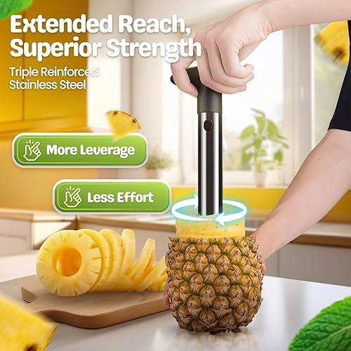 Miniatura 4 de Flexzion - Herramienta de cocina de acero inoxidable para pelar y sacar el corazón de ananá, para cortar y rebanar fácilmente fruta, con mango de