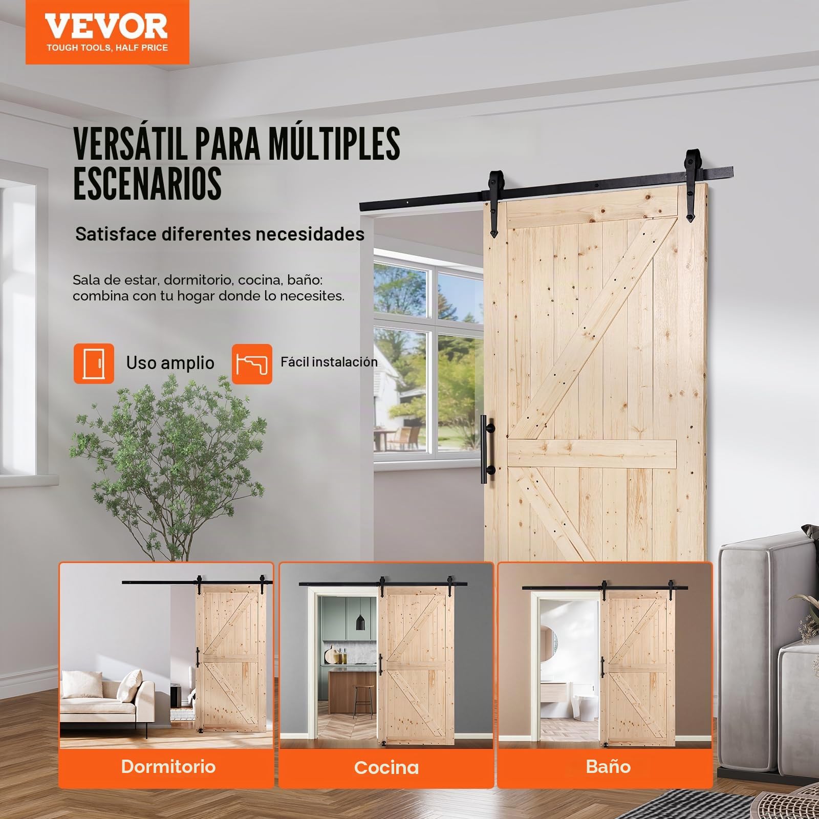 VEVOR Kit de Herrajes y Puerta de Granero Puerta Corrediza de Madera de 1066,8 x 2133,6 mm Kit de Puerta de Granero con Guía de Piso 8 en 1 y Manija de Puerta Losa con Paneles de Madera de Abeto
