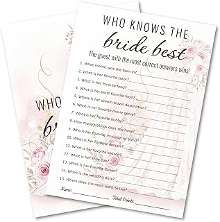 Bridal Shower Party Game Cards - Who Knows The Bride Best for Wedding Engagement Bachelorette - Watercolor Wedding Dress Roses Peonies - 30 Pcs 5x7 Inch Ready To Play Instant Fun