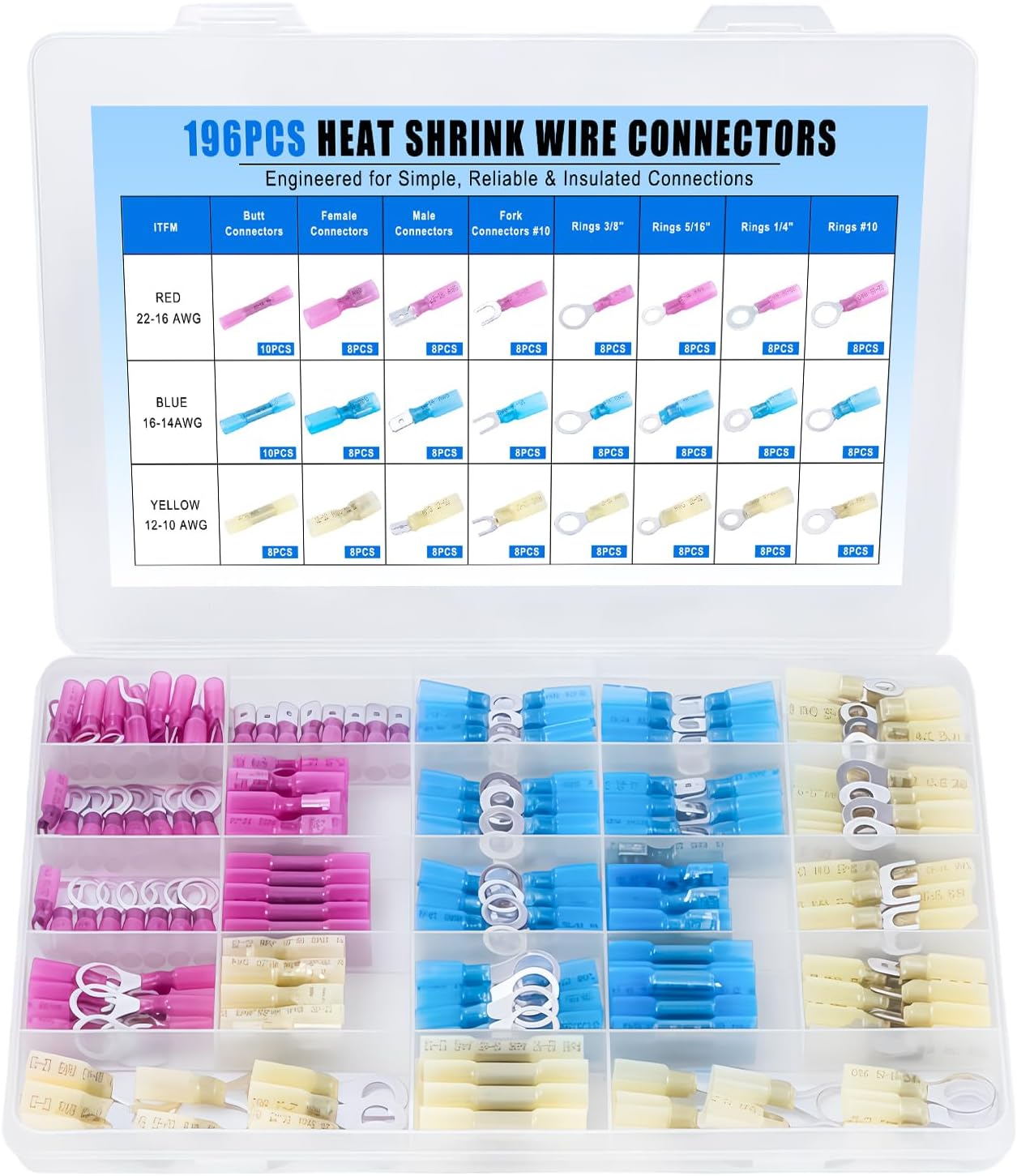 260PCS Heat Shrink Wire Terminal Connectors Kit, Marine Automotive Heat Shrink Ring Terminals, Waterproof 12-10 16-14 22-16 Fork Spade Ring Butt Connector