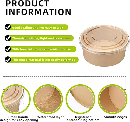 Miniatura 3 de Paquete de 50 cuencos de ensalada de papel desechables de 37 onzas con tapas transparentes y 25 cuencos de papel desechables de 25 onzas con tapas