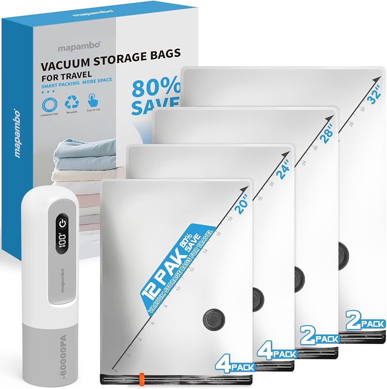 Mapambo Vacuum Seal Bags for Clothing Travel: 60000Pa LED Rechargeable Air Pump, 12 Pack Vacuum Bags for Luggage and Suitcase in 4 Combo Sizes, Space Saver Vacuum Storage Bags (12 Comb)