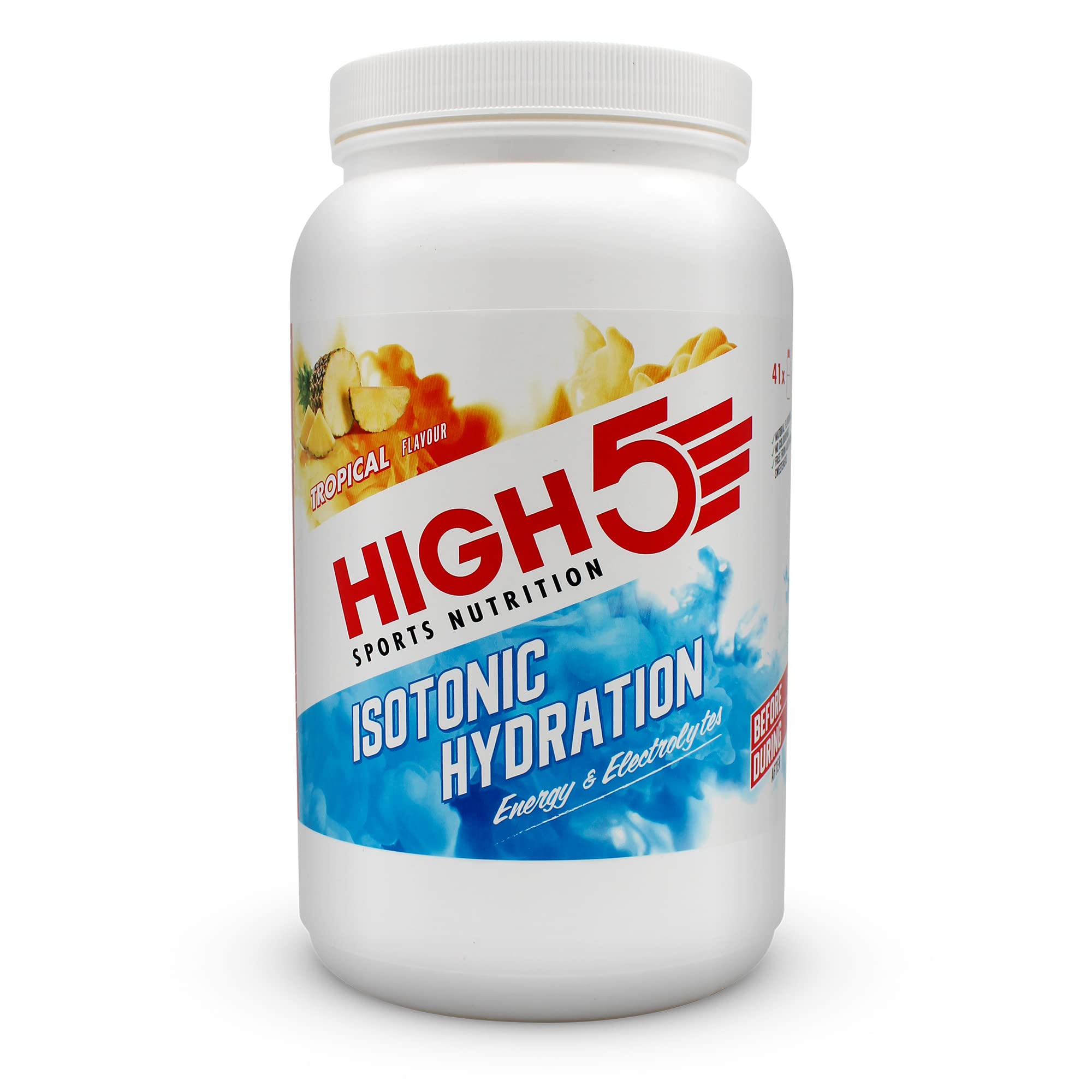 HIGH5 Hydration Energy Drink Powder | Isotonic Electrolyte Hydration | 28 g Carbs | 25mg Magnesium | Added Postbiotics | Zero Fat | (Tropical, 1.23kg)
