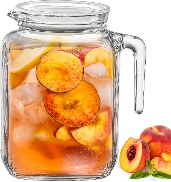 Pitcher hermétique en verre scellé avec un couvercle hermétique & Fuite - 68oz Carafe d'eau pour jus maison, thé glacé, lait, café de brasserie froide, citronade - Frigidaire porte bouteille de jug avec poignée, service de boissons claires