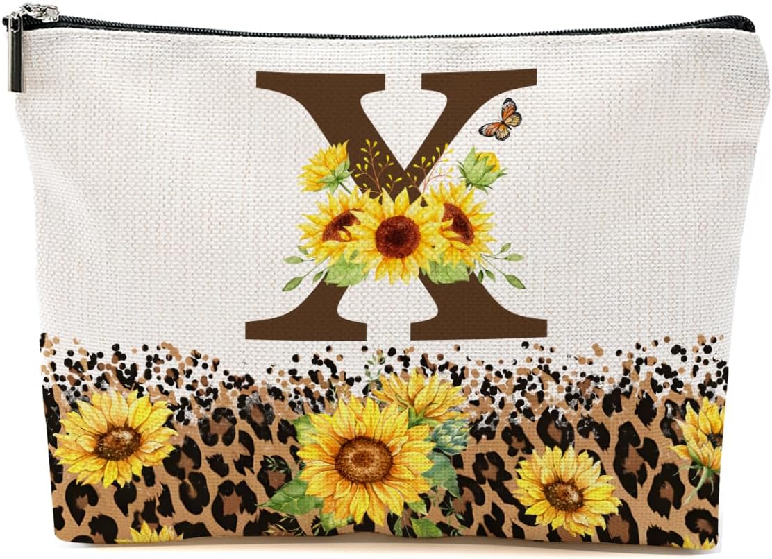 Initial Personalized X Makeup Bag Sunflowers Gifts Monogram Cosmetic Bag