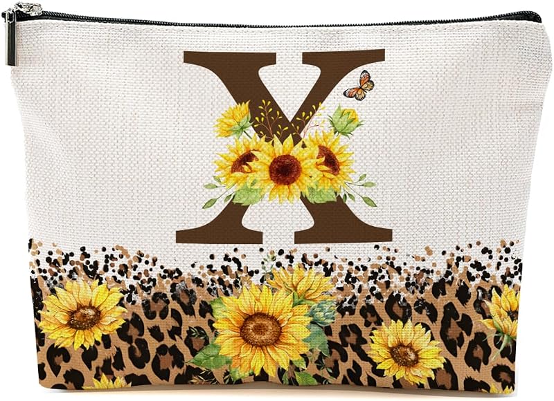 Necessaire de maquiagem BQXH personalizada com inicial X e estampa de girassol