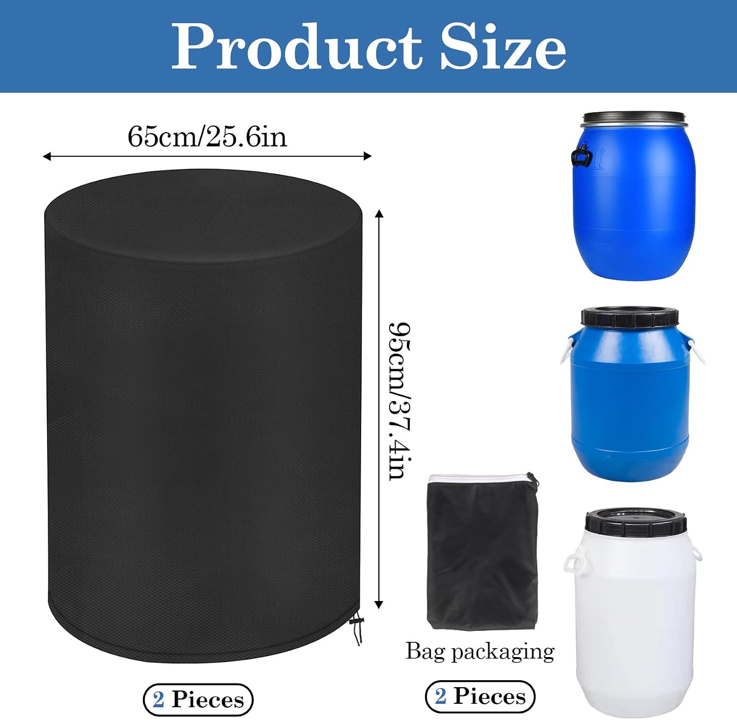 Klmnop 55 Gallon Drum Cover (2-Pack), 25 x 37 Inch 210D Oxford Cloth Waterproof Cover with Drawstring & UV Protection, Rain Barrel Covers for Outdoor Water Storage, Snow, Anti-Dust(Black) image 2