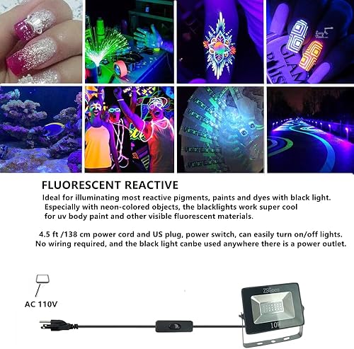 Miniatura 7 de ZSGoes Paquete de 2 luces negras ultravioleta ultravioleta de 10 W de 110 VCA para fiesta de luz negra de Halloween, iluminación de escenario,