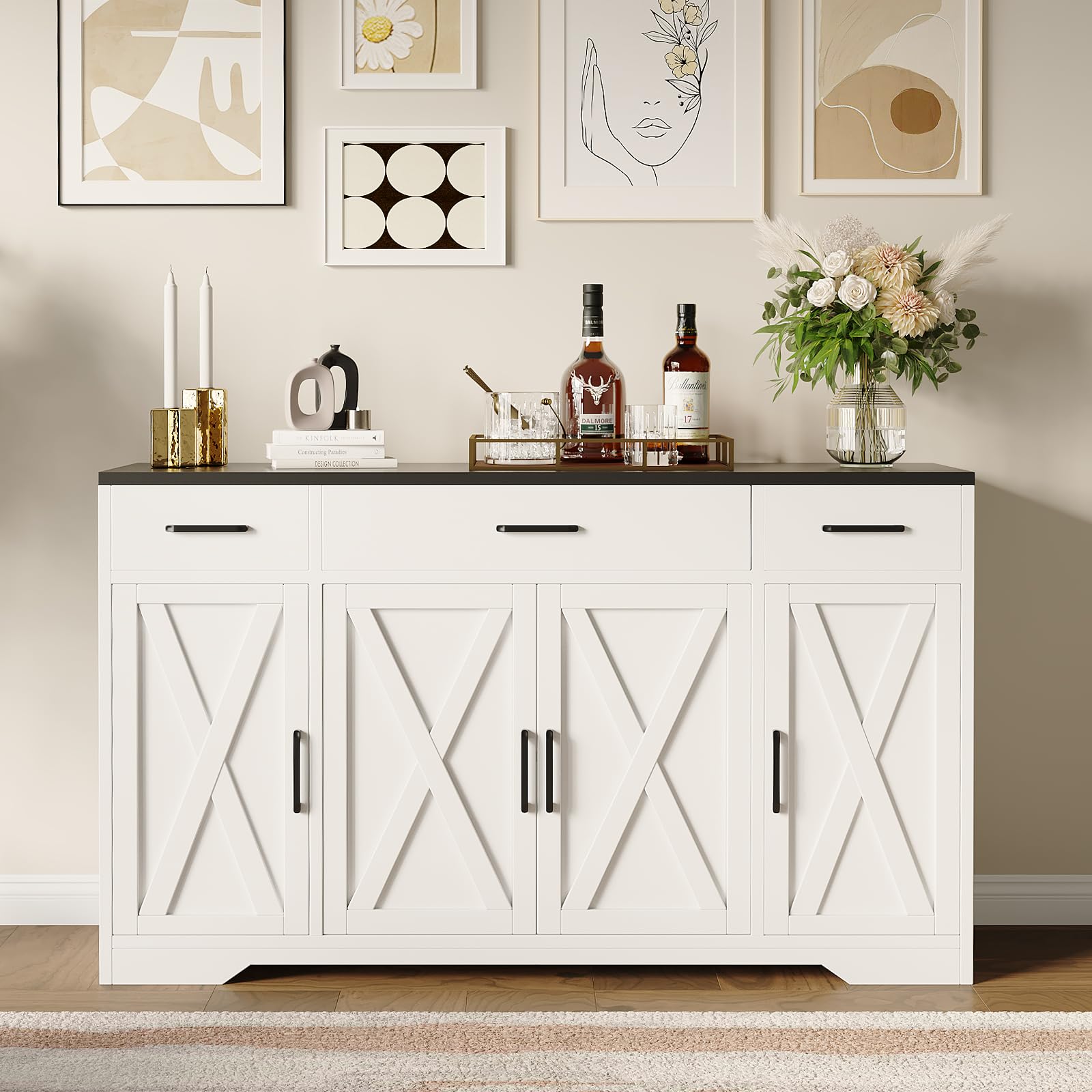 Garvee 55 in Large Buffet Sideboard Cabinet with Storage 4 Doors and 3 Drawers Kitchen Storage Cabinet Coffee Bar Buffet Table for Dining Room, Living Room, Adjustable Shelf