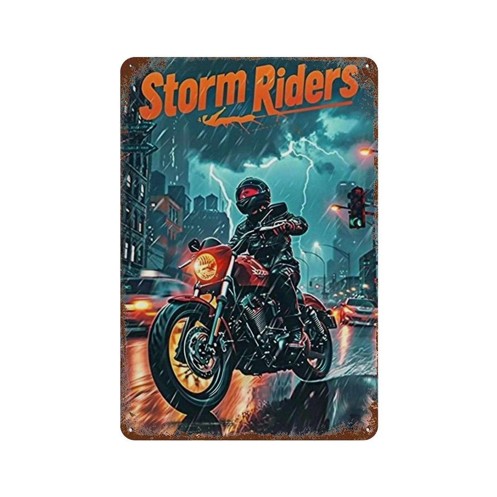 YHGERTKU Storm Riders Rainy City Lightning Biker 02 Wall Art Retro Iron Vintage Metal Tin Sign Poster Modern Decor for Living Rooms Gift 30x20cm
