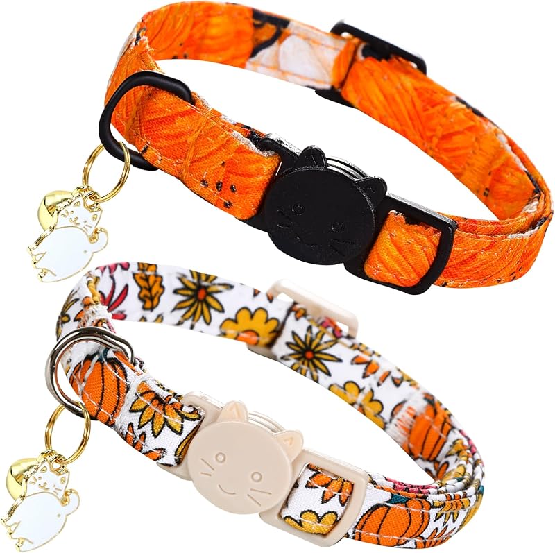 Coleira para Gatos com Fecho de Segurança, Guizo e Pingente de Abóbora Lionheart glory Halloween, Pacote com 2