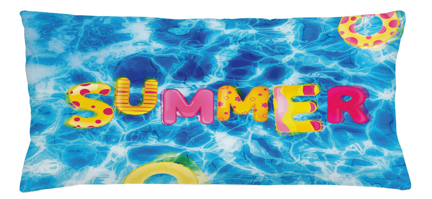 Lunarable Ocean Throw Pillow Cushion Cover, Summer Ballon Like Lettering in a Pool with Differen Prints Summer Hot Vibes Image, Decorative Rectangle Accent Pillow Case, 36