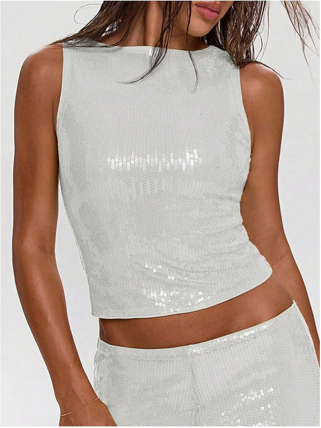 MakeMeChic Women's Sparkly Sequin Tops Y2k Sleeveless Crop Going Out Rave Tops Clubwear - Image 2
