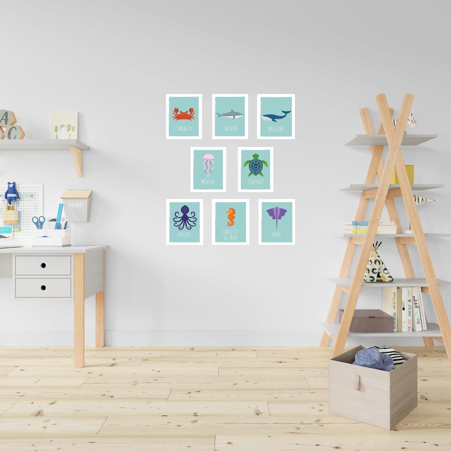 Kindred Sol Collective Ocean Animals Wall Cards Spanish, Nautical Nursery Room Decor, Kids Marine, Prints for Bedroom or Classroom, set of 8 5x7”