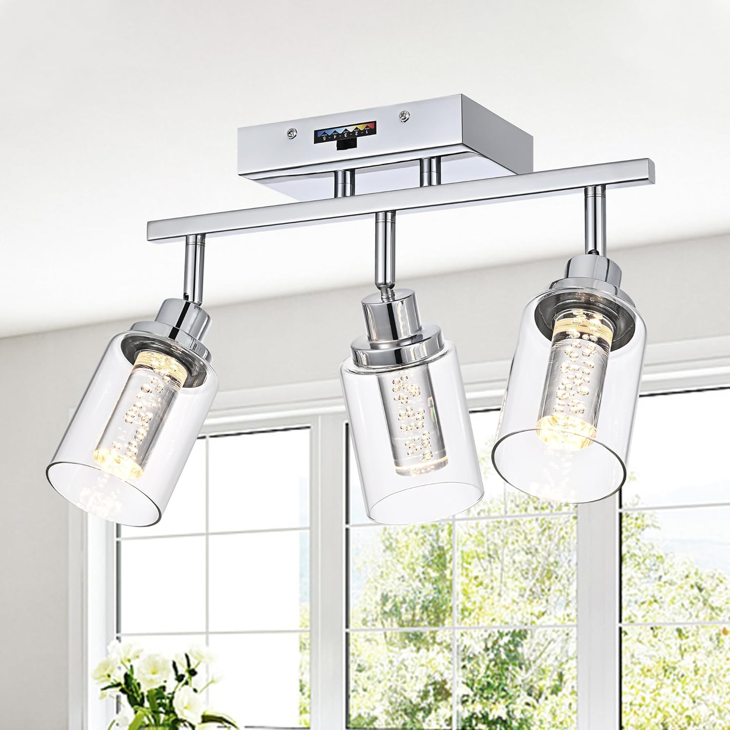 MELUCEE 5-Color Dimmbale LED Track Lighting Kit Chrome Ceiling Mount 3-Light Wall Scones Rotatable Spotlight Ceiling Light Fixture, Kitchen Track Lighting Bathroom Vanity Fixtures, Clear Glass