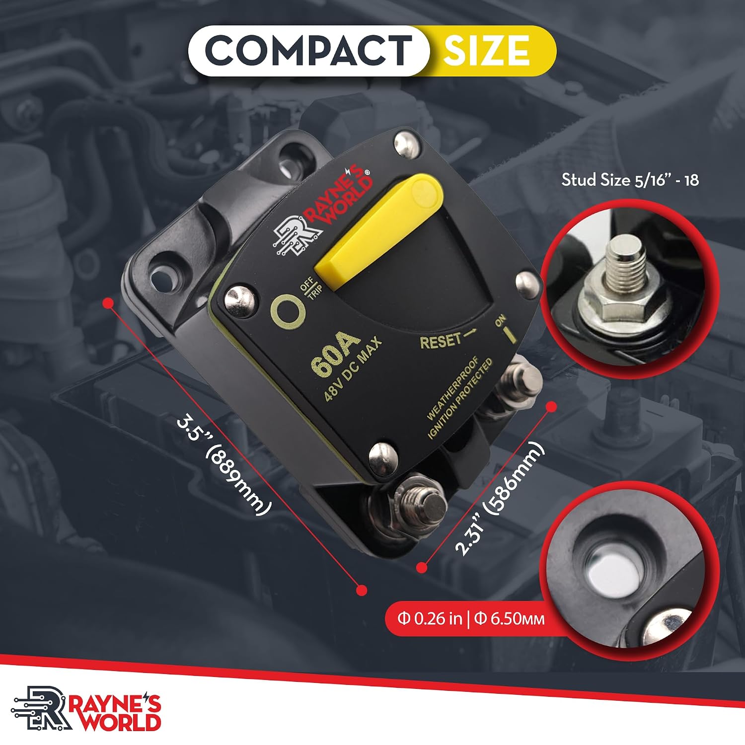Rayne's World 60 Amp Heavy Duty Circuit Breaker Manual Reset DC 12-48V - Car Audio, Marine, Truck, Trolling Motor, Stereo, RV, Solar Power