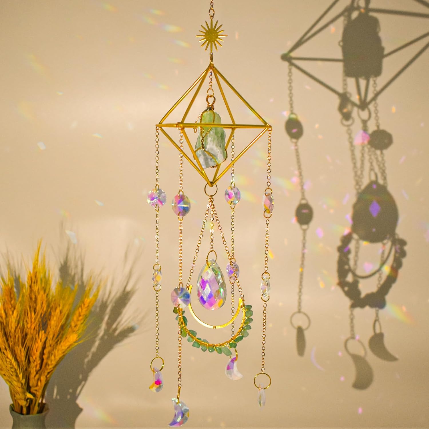 MrMrKura Crystal Suncatcher for Windows Hanging with Chain, Gold Sun Catchers with Crystals Rainbow Maker Wind Chime Crystal Ornament for Home Indoor Decor (Rose Quartz)