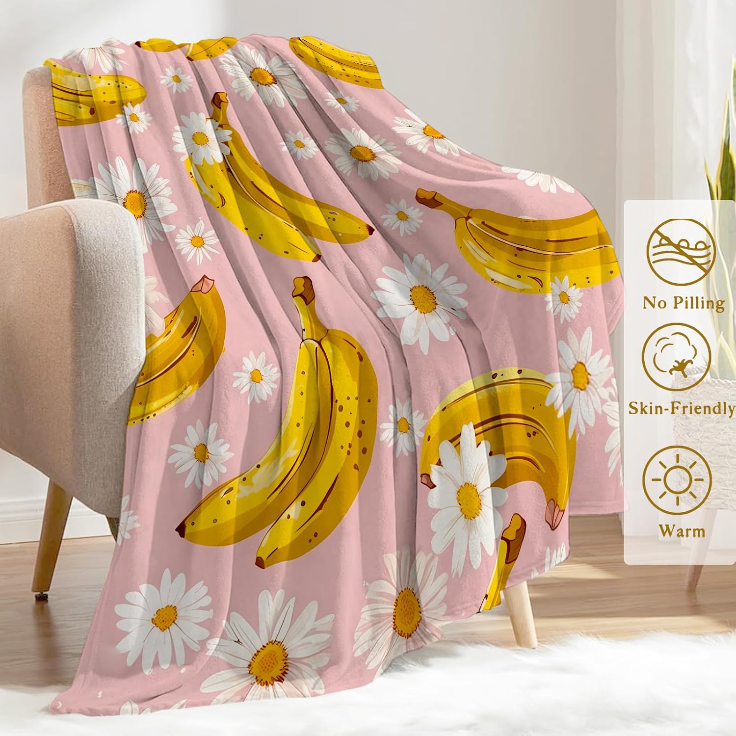 Cute Banana Flannel Blanket - Lightweight Soft Cozy Unique Gifts Blankets for Kids,Adult,Women,Daisy Art Pink Throw,Home Room Modern Fun Decor 50x60in