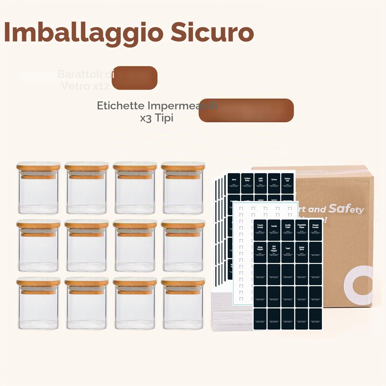ComSaf Barattoli Spezie Quadrati, 12 x 120 ml, Barattoli Vetro con Coperchio in Bambù, Contenitori Spezie Ermetici con 54 Etichette, per Porta Spezie per Cucina, Cassetto e Cucina