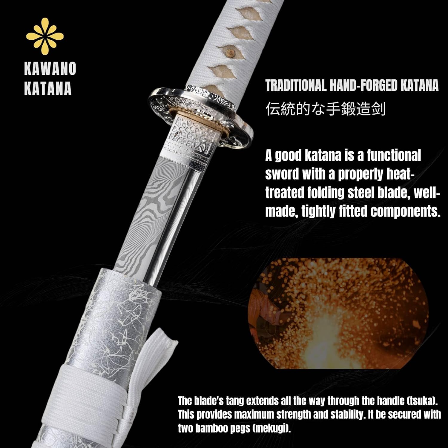 KAWANO Katana Sword, Japanese Handmade Damascus Steel Folded Samurai Sword, Functional Full Tang Blade Katana, Real Rayskin Handle with Gift Bag