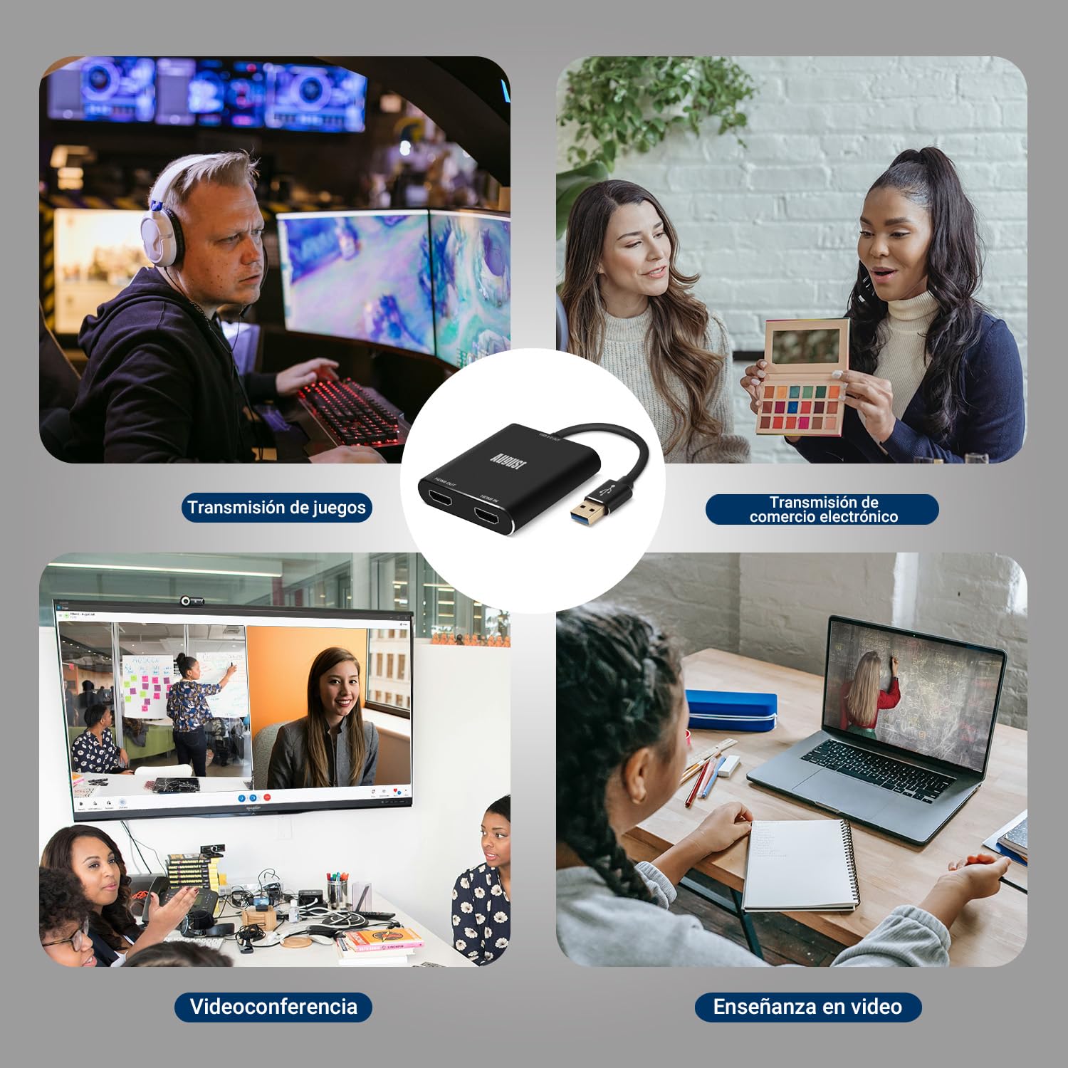 August VGB500 Transmisor Capturador HDMI - USB 3,0 Full HD 1080p 60fps - Capturador, Grabador y Transmisor Compatible con PS4, PS5, Xbox One y Switch para PC, Mac & Linux