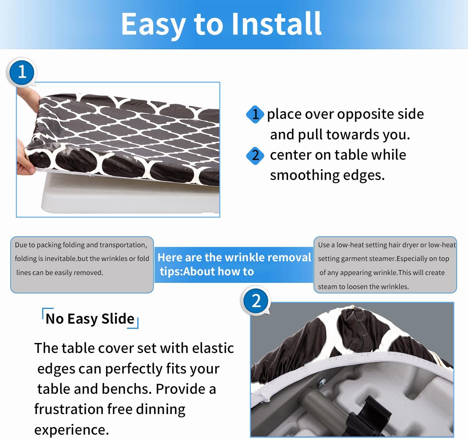 Fitted Picnic Table Cover with Bench Covers, 3 Pieces Waterproof Camping Picnic Tablecloth Cover with Elastic Edge for Indoor/Outdoor/Patio, 6ft Rectangular Vinyl Picnic Table Cover, Black and White - Image 4