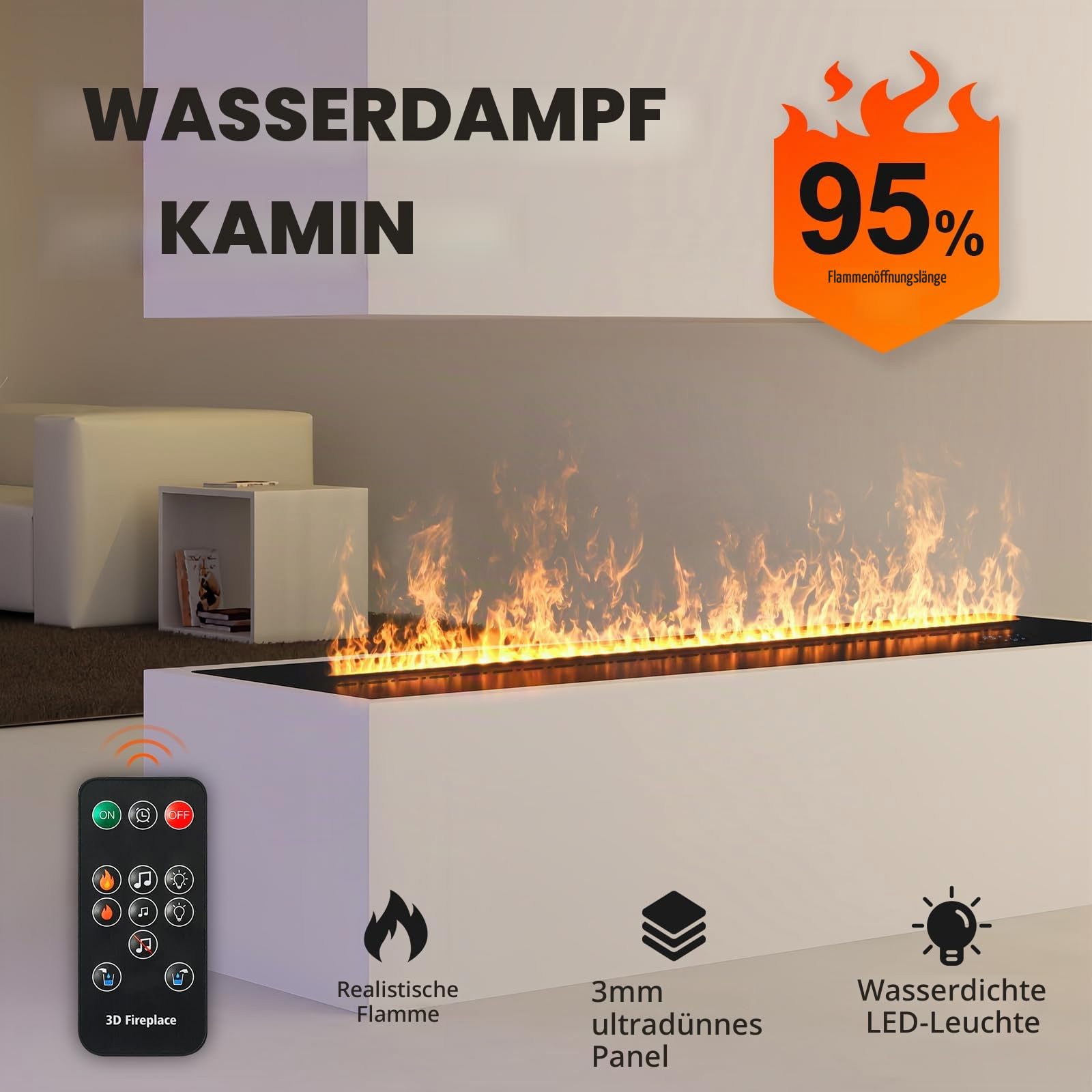 Wasserdampf-Kamin, Flamme elektrischer Kamin, 100cm，Keine Heizung