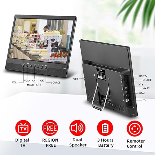 Miniatura 3 de Televisor portátil pequeño de 14 pulgadas con batería recargable, sintonizador digital ATSC, antena y ranura USBHDMIAV, 12 voltiosCA, para cocinas,