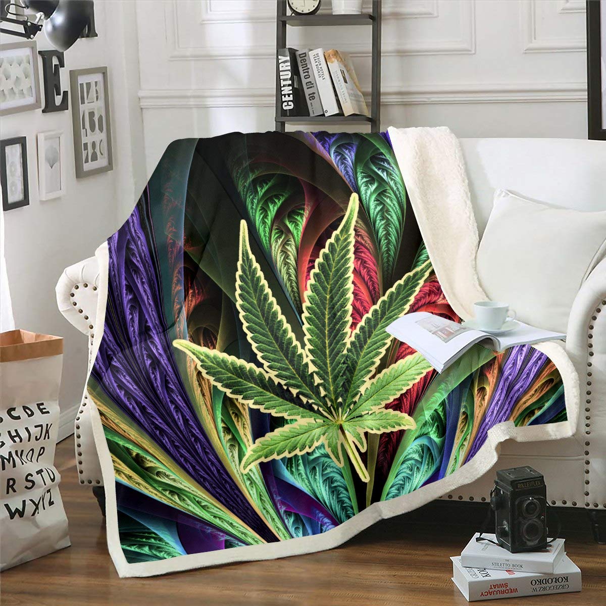 Cannabis Leaves Sherpa Blanket for Girls Boys Teens Marijuana Weed Leaf Fleece Throw Blanket Botanical Hemp Luxury Decor Plants for Sofa Bed,King 87x94 Inch
