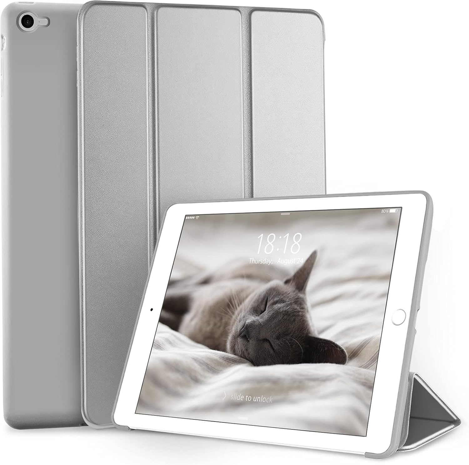 DTTO iPad Air 2 Case (2014 Released), Ultra Slim Lightweight Smart Case Trifold Stand with Flexible Soft TPU Back Cover for Apple iPad Air 2 (Model A1566/A1567), Grey