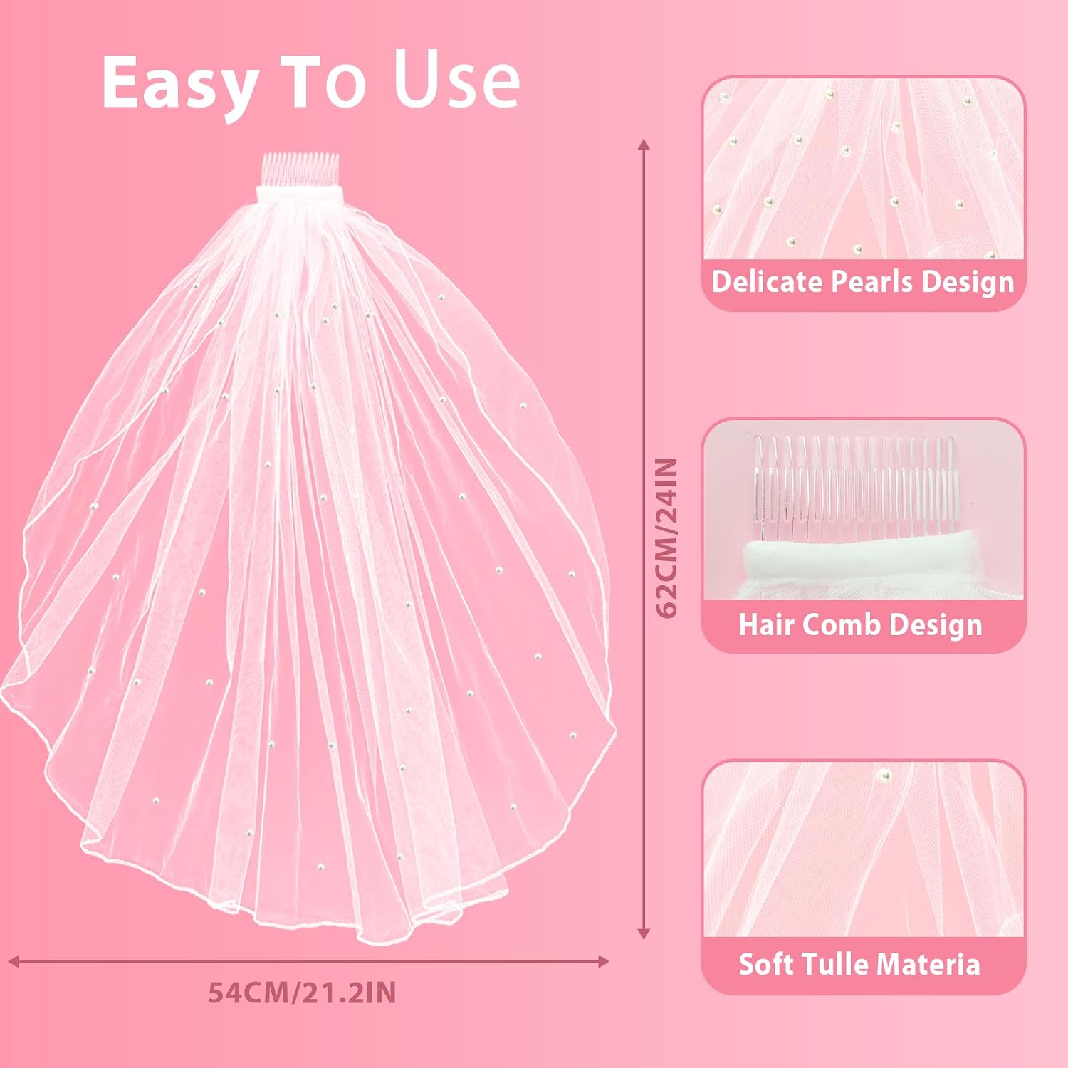 White Short Wedding Veil Short Bridal Veil Pearl with Comb Bachelorette Party Veil Bridal Tulle Veil for Bride To Be
