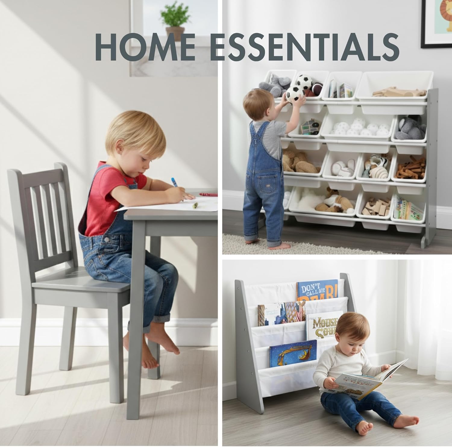 Humble Crew 3-in-1 Kids Bookshelf and Toy Storage Organizer, Grey - Toddler Organizers with Rolling Toy Box and 3 Fabric Bins – Sturdy Baby Book Shelf, Perfect for Nursery and Playroom