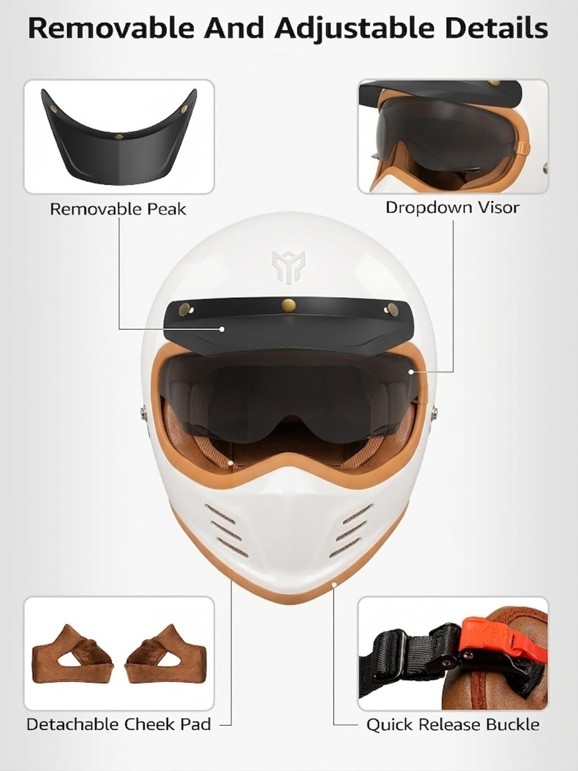 YEMA Retro Full Face Helmet for Adults - DOT Approved Moped Helmet with Built-in Retractable Sun Visor, Detachable Peak & Interchangeable Clear Shield, Comfort for Cruiser Scooter