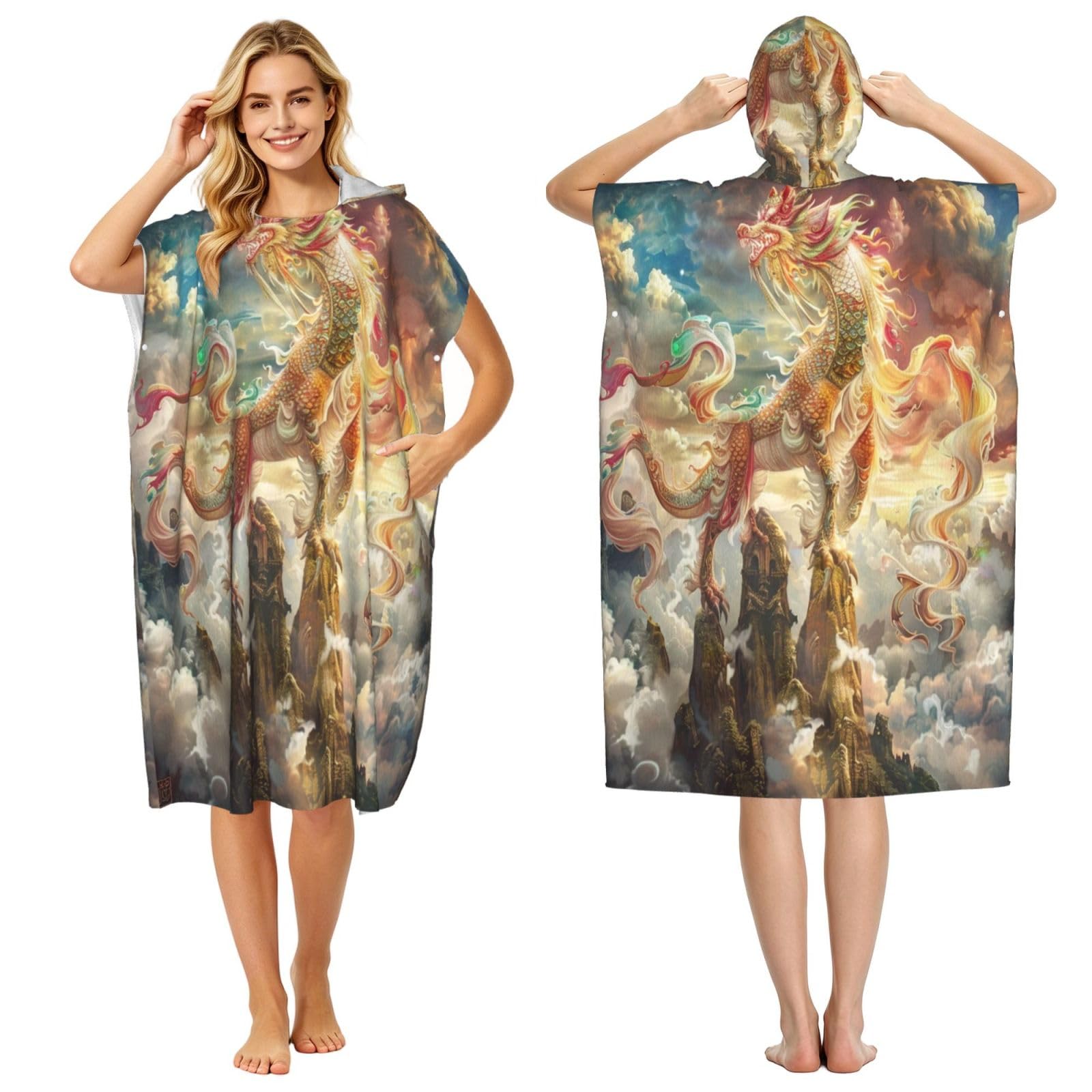 KLGRTJHK Auspicious Beast Adult Hooded Beach Poncho Towel 43"X35"