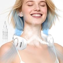 Neck Cooling with Mist Spray, 5-Speed Bladeless Folding Neck Fan that Blow Cold Air, Potable Rechargeable with LED Display, Wearable Hands-free Cooling Device for Kids Women Men Outdoor Travel, White