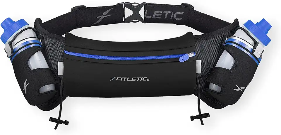 Fitletic Cinto de corrida de hidratação com garrafas de água para homens e mulheres – 2 garrafas de água corrente de fluxo rápido de 227 g, design patenteado sem salto, bolsa resistente à água para