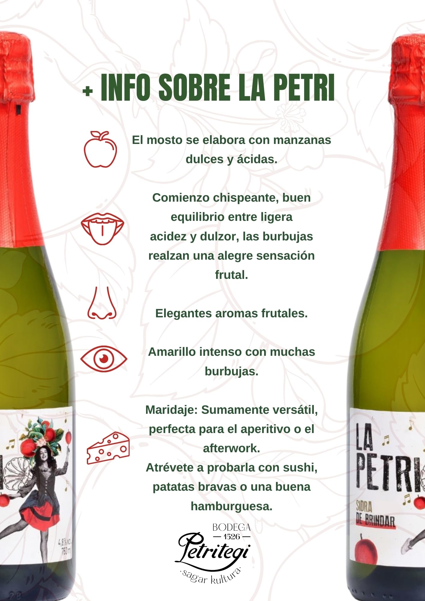 Sidra La Petri 750 ml Pack 6 botellas | Sidra natural vasca con manzana 100% | Petritegi Astigarraga | Vegana y sin gluten | Sidra espumosa 4.8% vol refrescante para aperitivo