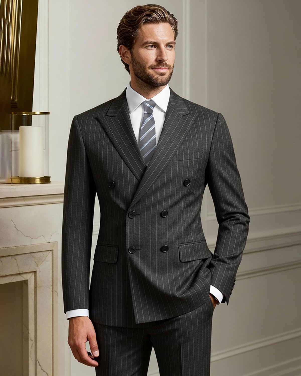 YND Men's 2 Piece Double-Breasted Suit, Slim Fit Stripe Tuxedo Set with Tie, Party Wedding Dress Blazer, Tux and Trousers - Image 2