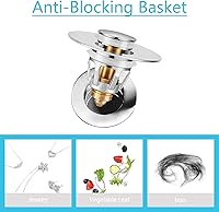 Vista 3 de Universal Sink Stopper with Hair Catcher, Faster Drainage, Bathroom Sink Drain Strainer in Brass, Pop Up Drain Cover, Basin Plug for 1.04~1.97 Inch