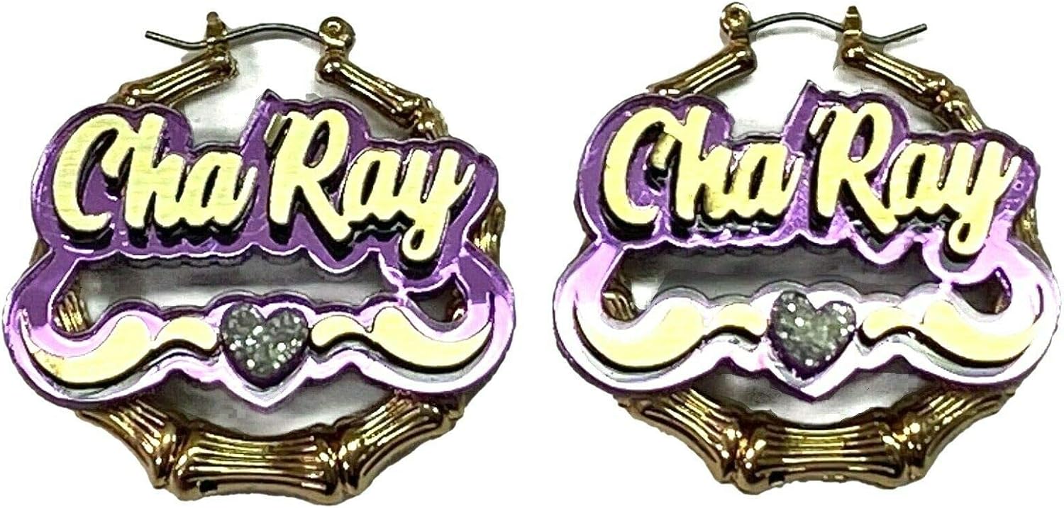 Personalized Custom Gold Hoop Swirls 1.5, 2.5, 3.5" Size and Color Choice Bamboo Earrings Name Plate Laser Cut Diamond Look Script Cursive Design Stunning Look - Quality, Attractive Gold Bamboo Earrings, Made To Order - Any Name