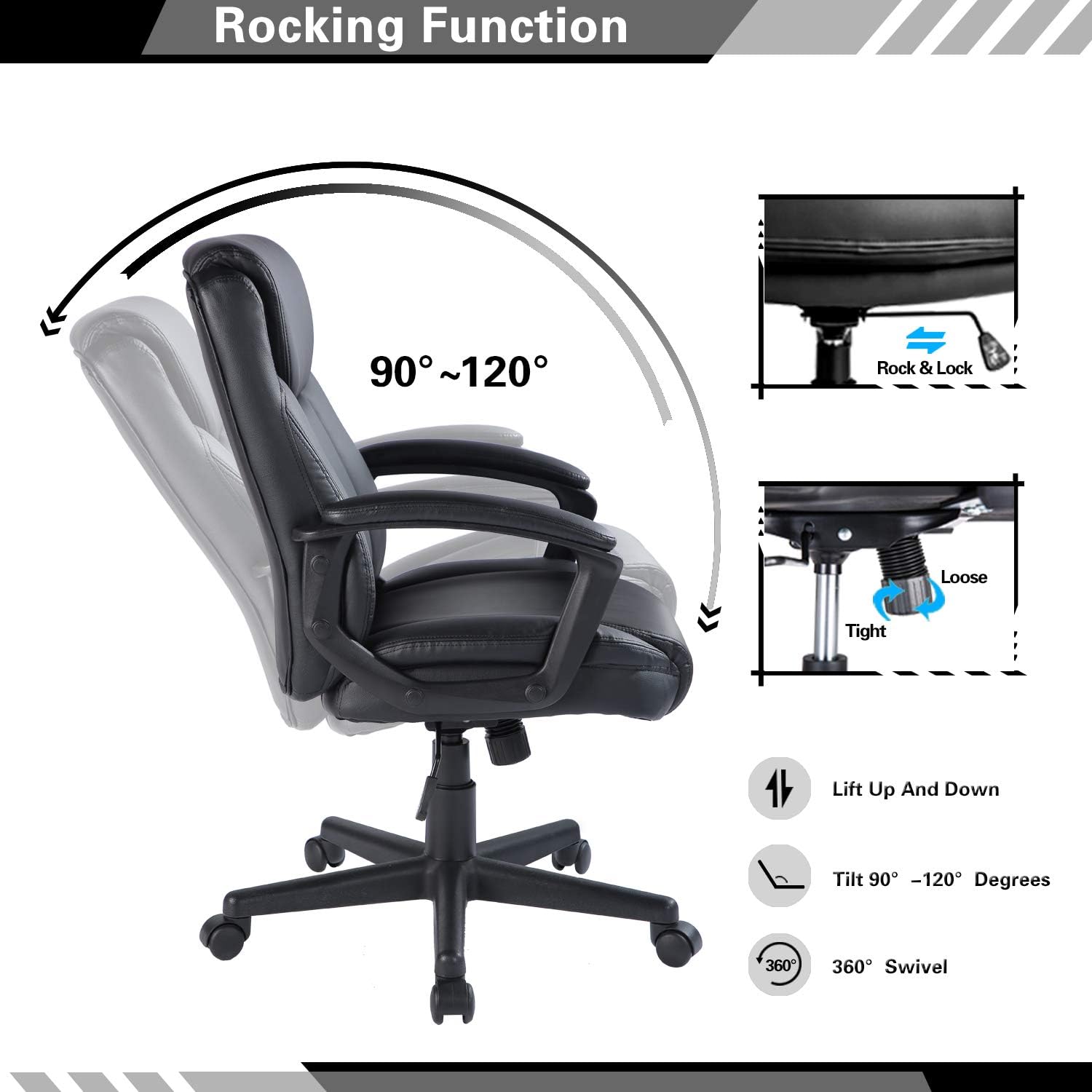 Qulomvs Computer Office Chair Spring Cushion Mid Back Executive Desk Chair with Arms PU Leather 360 Swivel Task Chair with Wheels Lumbar Support (Black)