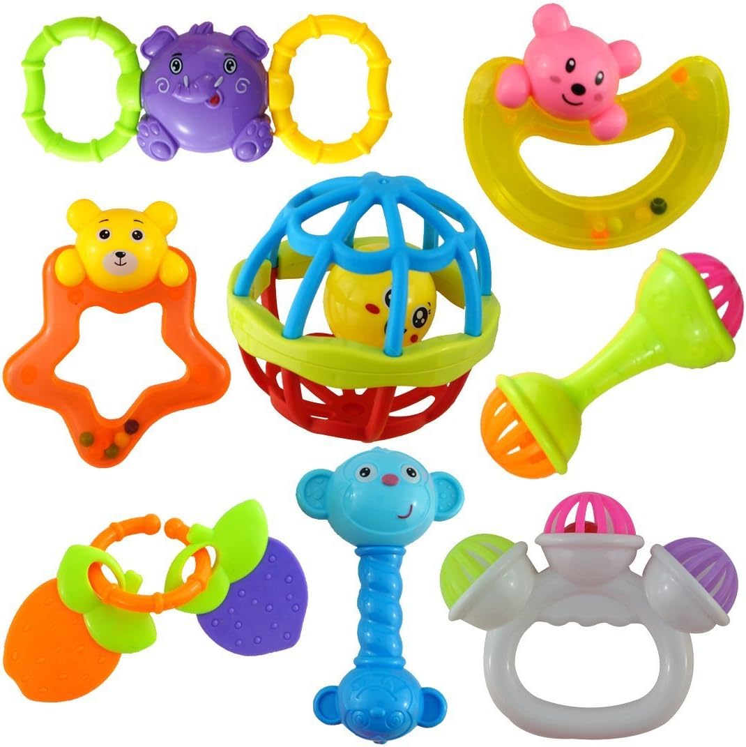 JINKRYMEN 10 Piece Colourful Non Toxic Teether and Rattle Toy for New Borns & Infants (Design May Vary)