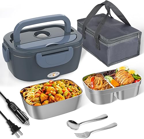 Lonchera Eléctrica, Lonchera Térmica para Hombres con 2 Recipientes de Acero Inoxidable, 1.5L Portátil 80W Calentador de Alimentos Lonchera para