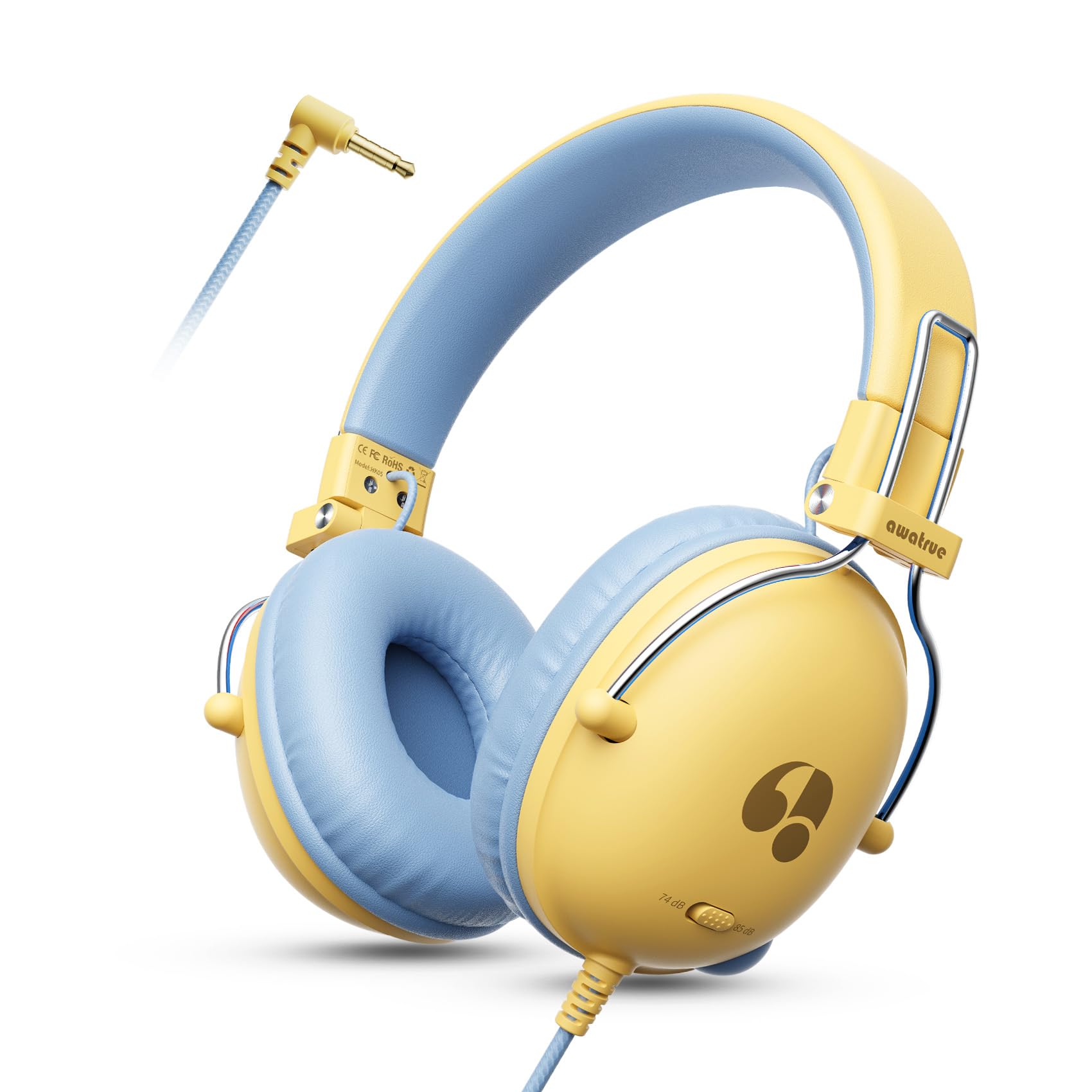 awatrue Wired Headphones for Kids, Toddler Headphones for Ages 3-12, 74/85db Safe Volume,Sturdy Design&Super Light, Foldable Childrens Headphones for Girls/Boys/Chromebooks/School/Tablet-YellowBlue
