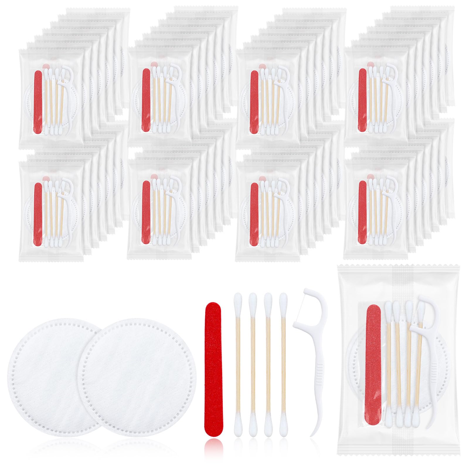 Kits de tocador a granel, tocador de hotel empaquetado individualmente, kit de tocador con almohadillas de algodón, hisopos de algodón, hilo dental y lima de uñas (100 piezas)