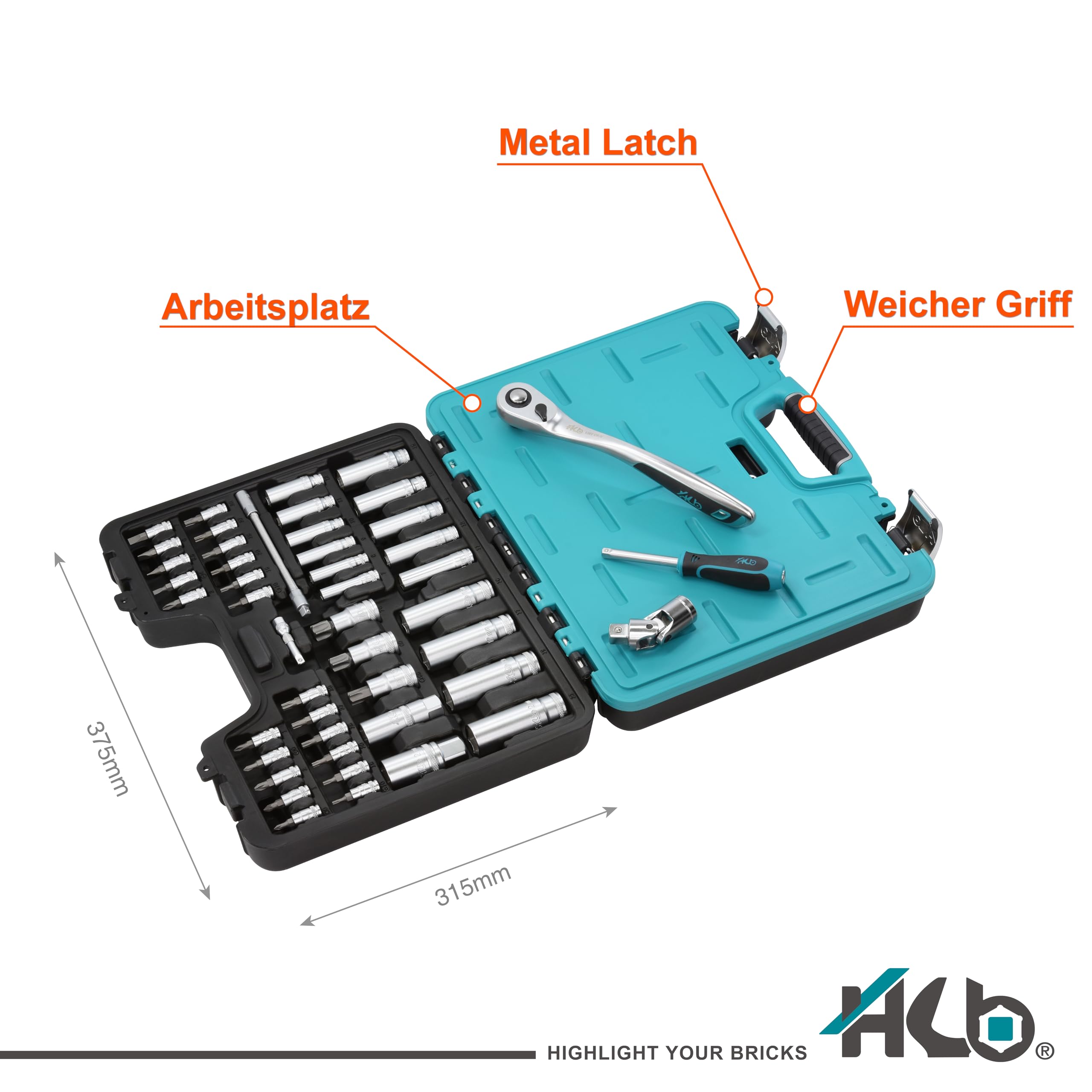 HB Set di Bussole 168 Pezzi con Cricchetto Offset Reversibile 120 Denti 1/2" 3/8" 1/4", Custodia Compatta con Chiusura Metallo, Bussole Metriche ed E-Torx, Acciaio CR-V, Made in Taiwan AKM002-G