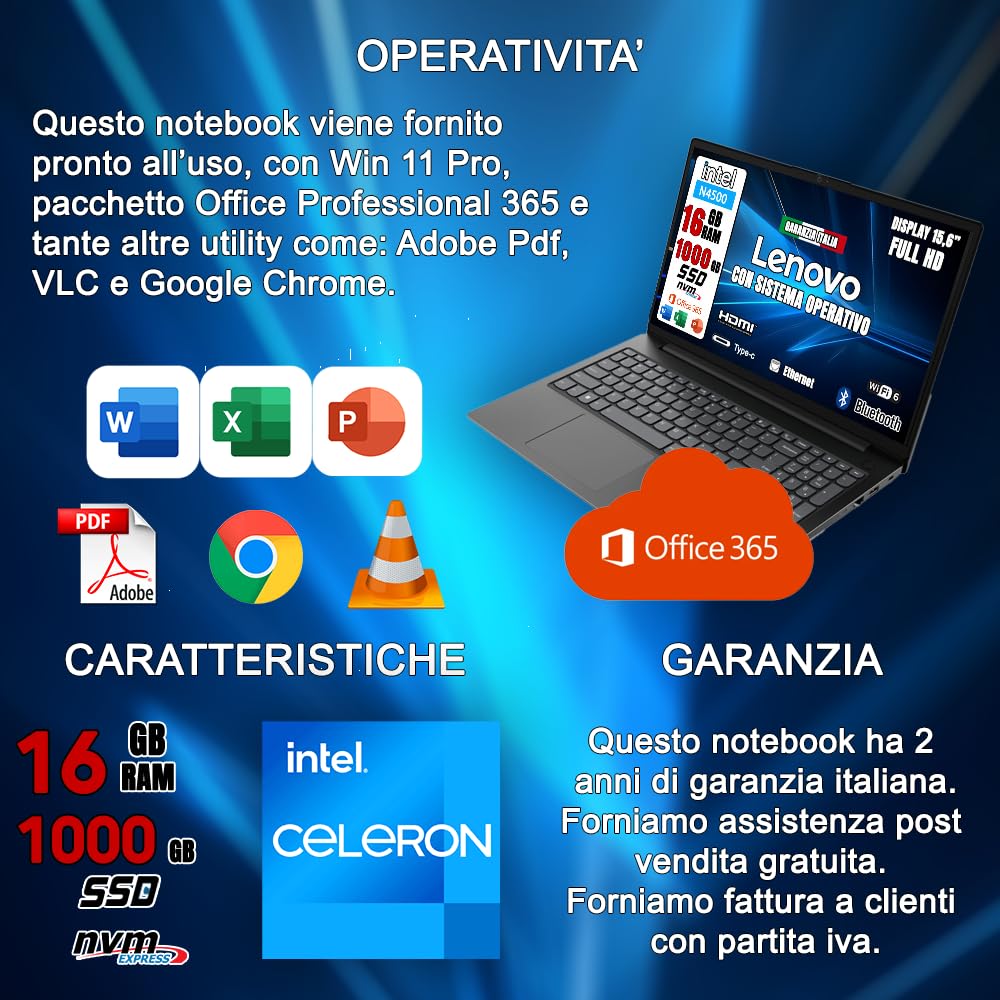 Lenovo Notebook NUOVO • CPU Intel N4500 @ 2,8ghz • Monitor 15.6" Full HD • SSD 1000GB (x2 da 512) • Ram 16GB • Sistema operativo WIN 11 e OFFICE PROFESSIONAL 365 • MOUSE WIRELESS + CUFFIETTE + BORSA