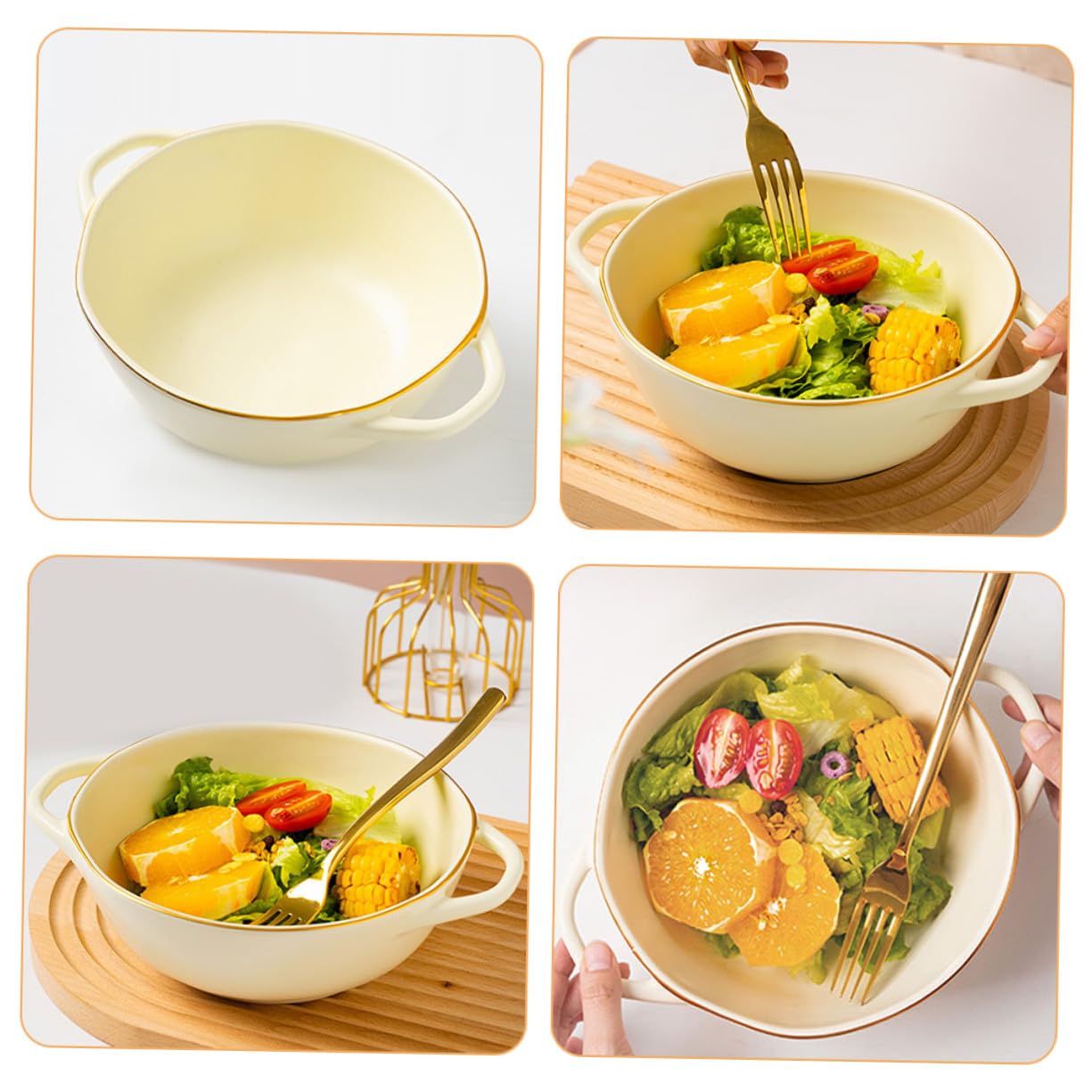 COLLBATH Cuenco de Cerámica Doble Asa 1200ml para Horno y Microondas | Beige, Estilo Simple, Resistente al Calor Óxido, para Sopa, Ensalada y Restaurante